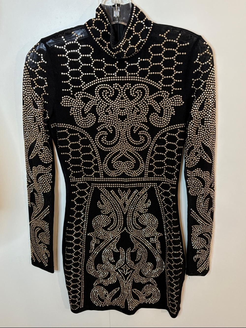 AKIRA Black Long Sleeve Semi-Sheer Gold Studded Mini Dress | S